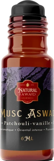 Flacon roll-on Musc Aswad de 6 ml, étiquette noire et violette.