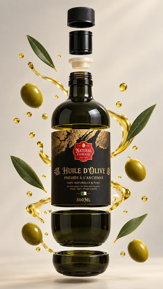 Bouteille d'huile d'olive Natural Fawaid présentée en éléments séparés, entre olives vertes, feuilles d'olivier et gouttes d'huile
