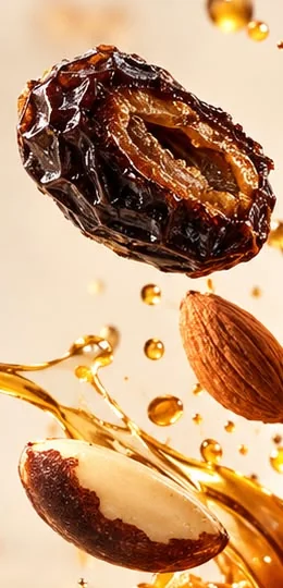 Datte Ajwa ouverte, amande et noix du Brésil entourées d'éclats de miel doré