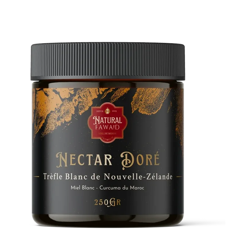 Pot de Nectar Doré Natural Fawaid, miel de trèfle blanc au curcuma, 250 g