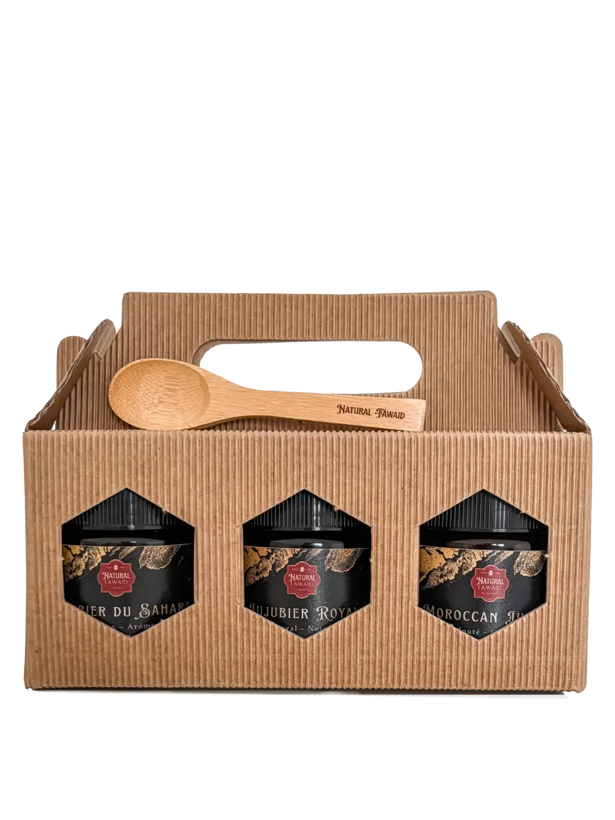 Coffret collection jujubier Natural Fawaid — 3 pots Sidr Yémen, Sahara algérien et Maroc en caissette kraft avec cuillère bambou gravée