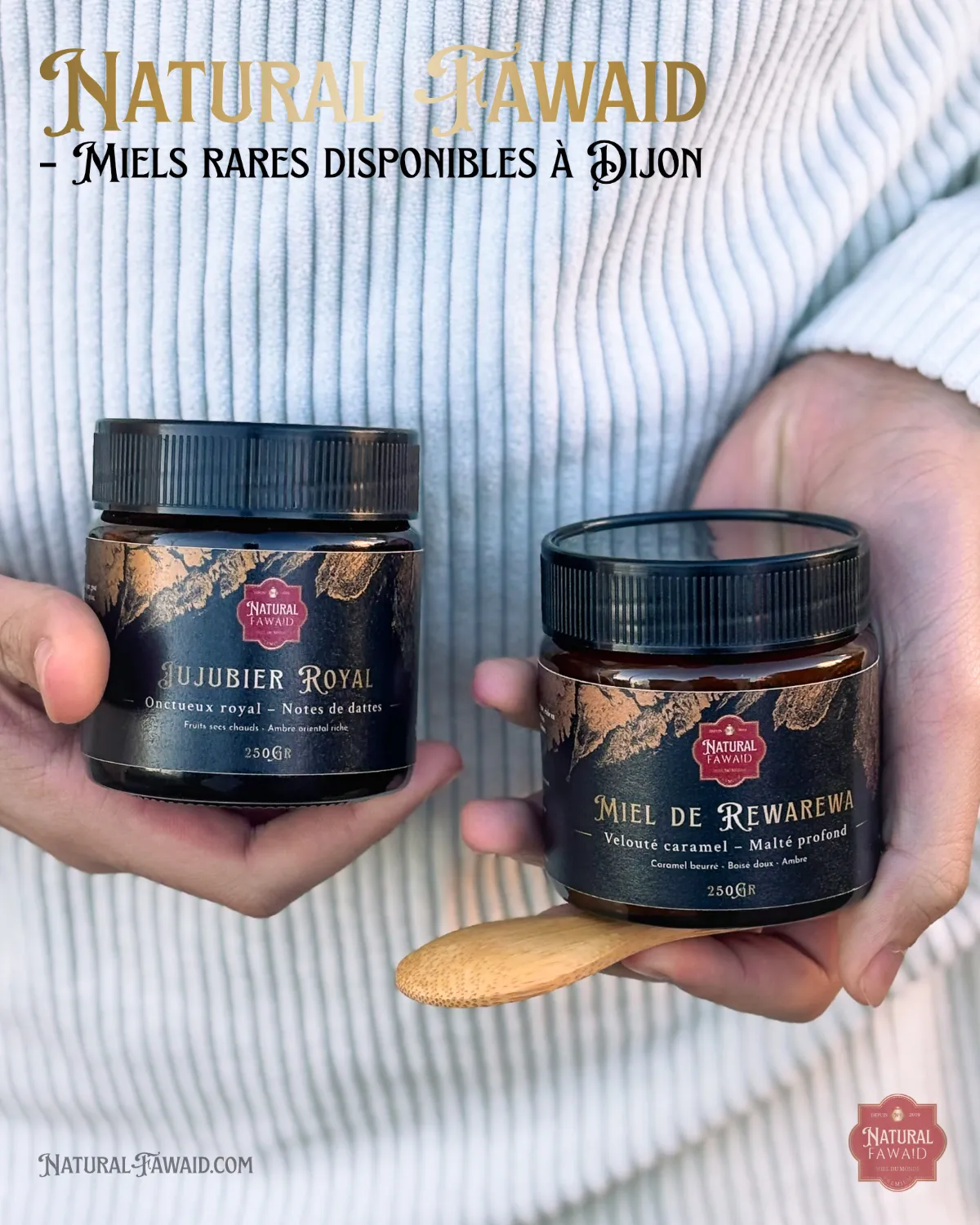 Pots Natural Fawaid miel de jujubier royal et miel Rewarewa — miels rares en verre ambré