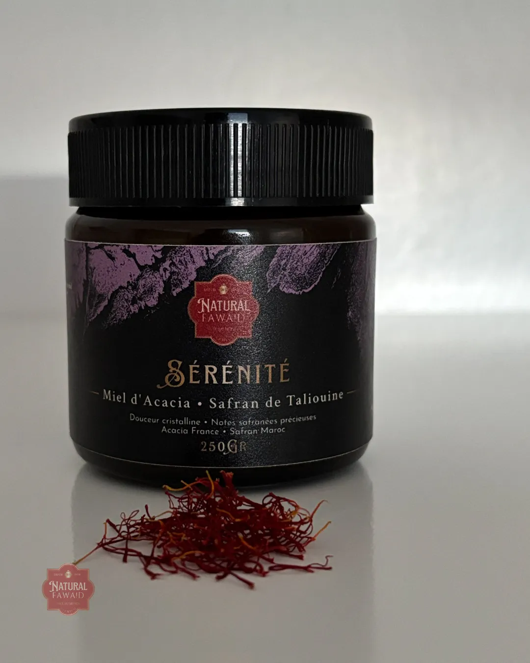 Pot Miel Sérénité Natural Fawaid — Acacia France Safran Taliouine 250g fond neutre