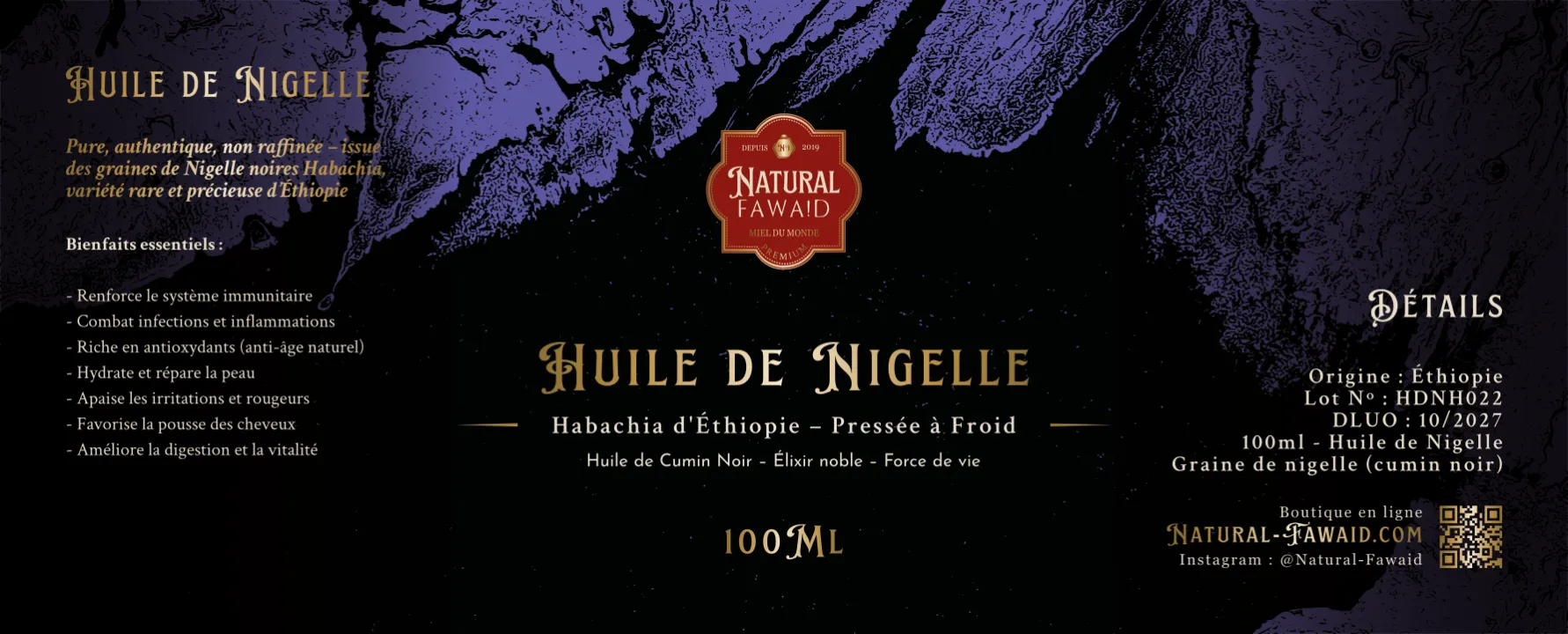 Étiquette Huile de Nigelle Habachia d'Éthiopie Natural Fawaid — Pressée à Froid 100ml