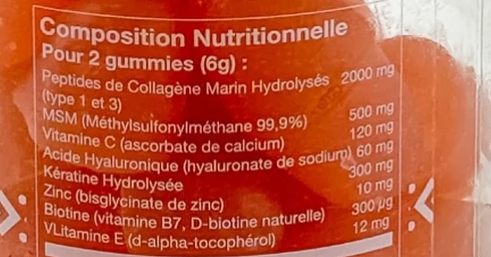 Dos du pot Gummies Collagène+ Ziyada : tableau de composition nutritionnelle détaillant les huit actifs et leurs doses