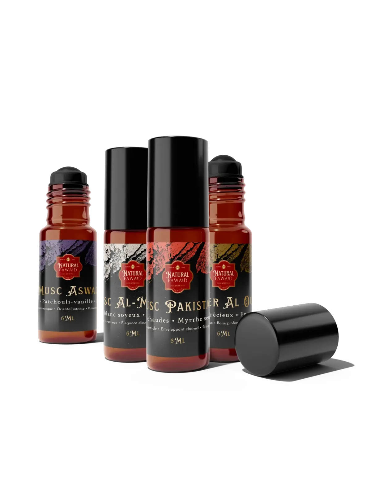 Collection de 4 huiles de parfum orientaux Natural Fawaid en flacon roll-on verre ambré 6ml — Musc Rouge Pakistanais, Aswad, Al-Medinah
