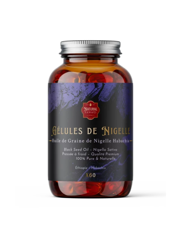 Flacon de gélules de nigelle d’Éthiopie Habachia x60, complément naturel en graines de cumin noir.