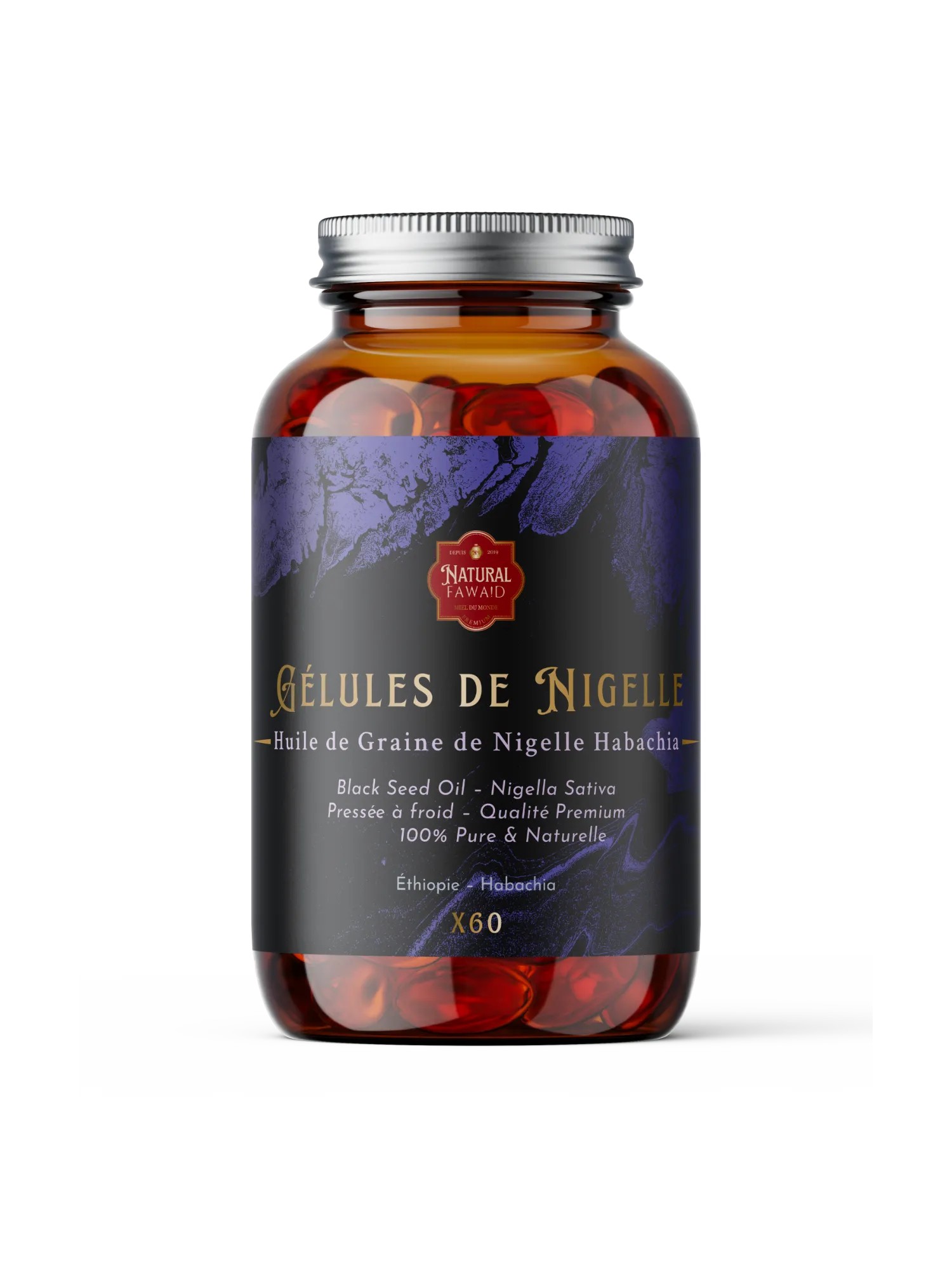 Flacon de gélules de nigelle d’Éthiopie Habachia x60, complément naturel en graines de cumin noir.