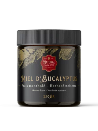 Miel d’Eucalyptus du Maroc – Natural Fawaid Pot de miel d’eucalyptus marocain, texture ambrée et saveur mentholée