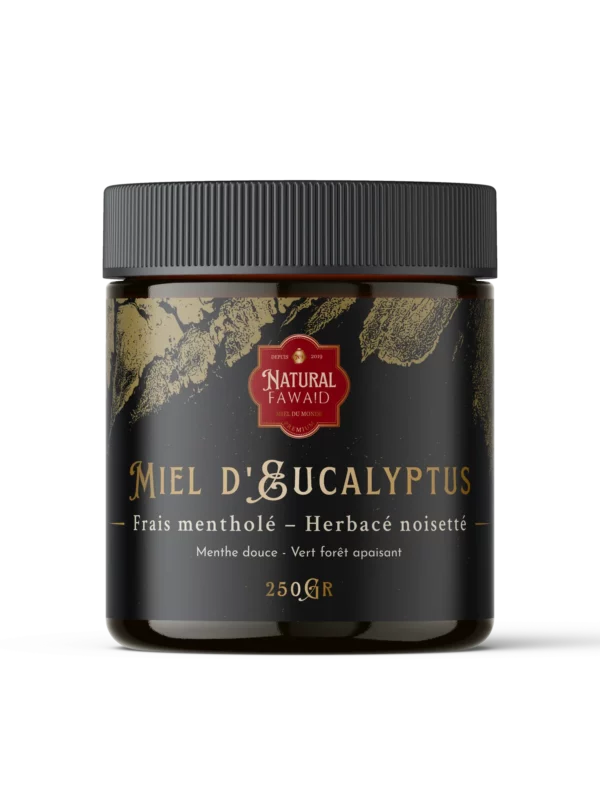 Pot de miel d’eucalyptus marocain, texture ambrée et saveur mentholée