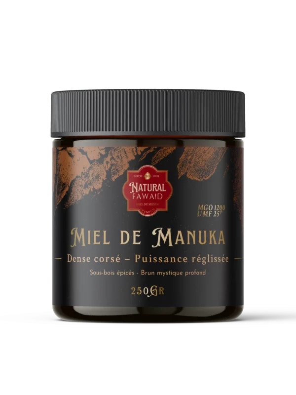 Miel-Manuka-Nouvelle-Zélande-1200-mgo Pot de miel de Manuka de Nouvelle-Zélande 1200+ EGO 25+, présenté en bocal premium, pot en vert ambré anti UV.