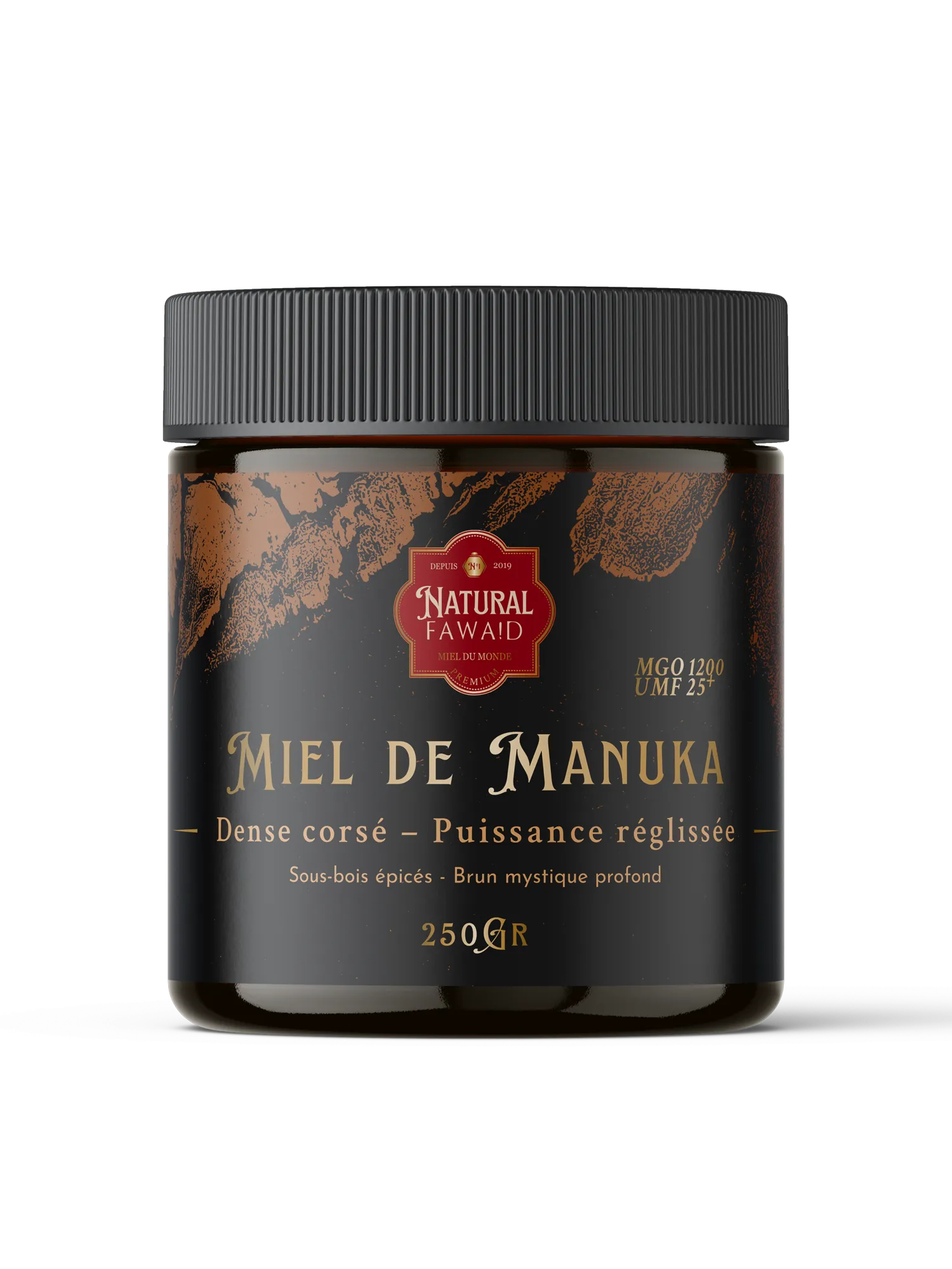 Pot de miel de Manuka de Nouvelle-Zélande 1200+ EGO 25+, présenté en bocal premium, pot en vert ambré anti UV.