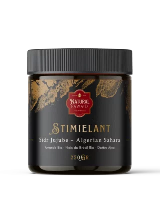 Pot de Stimielant Natural Fawaid, préparation artisanale au miel de jujubier, amandes, noix du Brésil et dattes Ajwa.