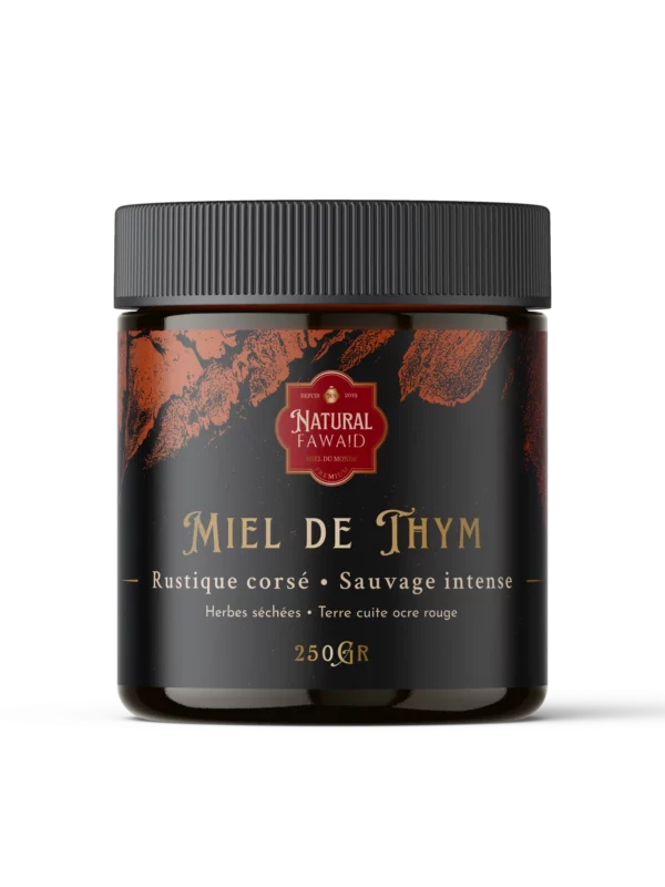 Pot de miel de thym du Maroc, couleur ambrée et texture fluide