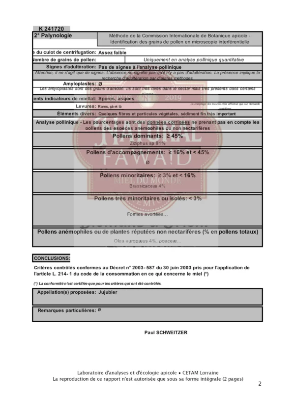 Analyse CETAM – Détails polliniques et physico-chimiques Page 2 du rapport d’analyse CETAM du miel de jujubier algérien du Sahara, présentant les résultats polliniques et la conclusion de conformité réglementaire.