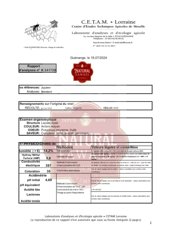 Analyse CETAM – Miel de Jujubier Algérien du Sahara (Région de Laghouat) Rapport d’analyse CETAM du miel de jujubier algérien du Sahara, région de Laghouat, indiquant une dominance pollinique Ziziphus sp à 91 %.