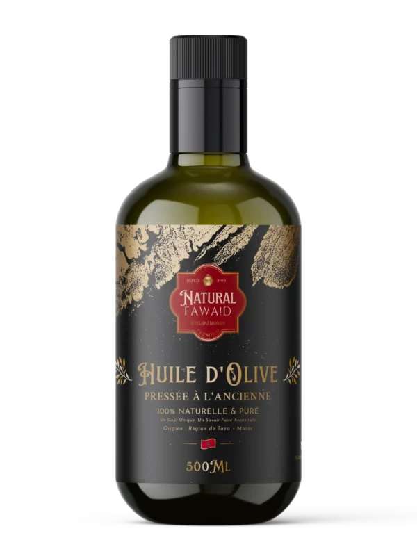 Bouteille de 500 ml d’huile d’olive extra-vierge artisanale du Maroc, origine Taza, pressée à froid à l’ancienne, 100 % naturelle et pure.