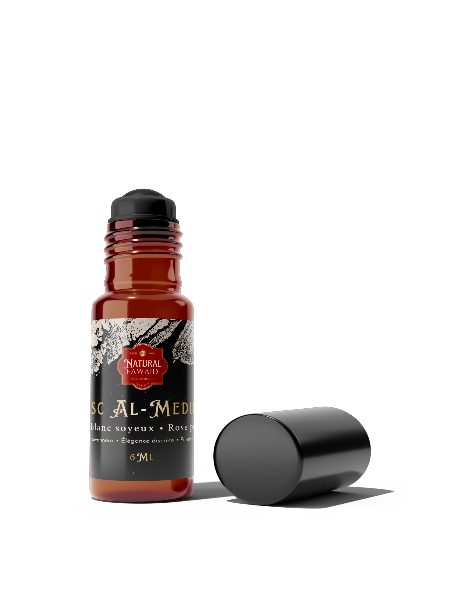 Flacon brun apothicaire de 6 ml contenant l’huile de parfum sans alcool Musc Al-Medinah, musc blanc pur et soyeux.