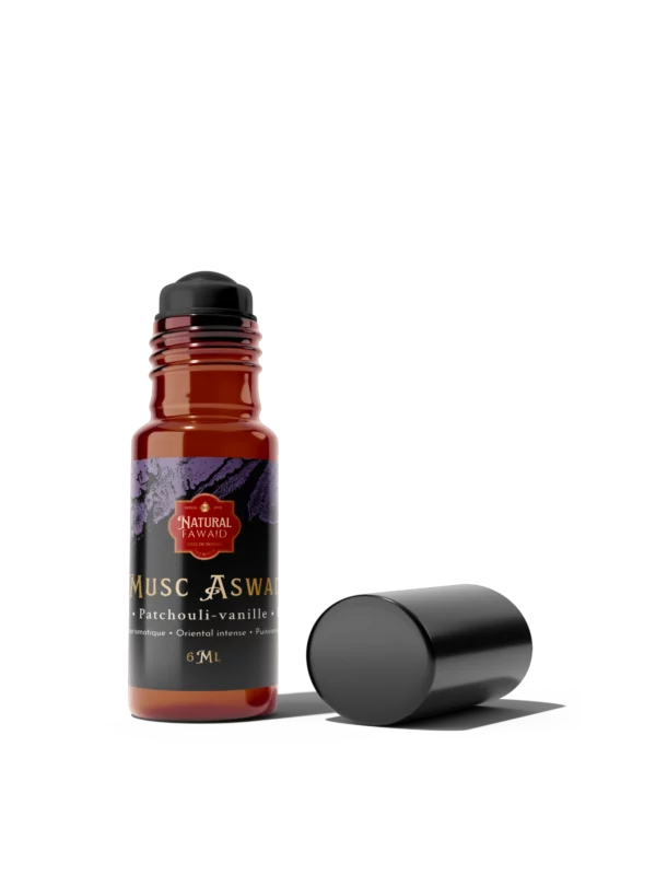 Musc Aswad – Huile de parfum musc noir sans alcool 6 ml Flacon apothicaire brun 6 ml contenant le musc noir oriental Musc Aswad de Natural Fawaid, huile sans alcool.