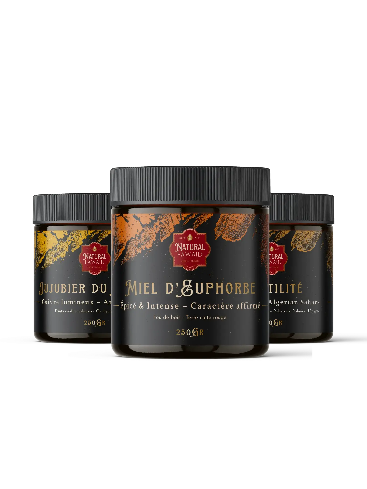 Collection miels rares Natural Fawaid : miel de jujubier du Yémen, manuka, oranger du Maroc