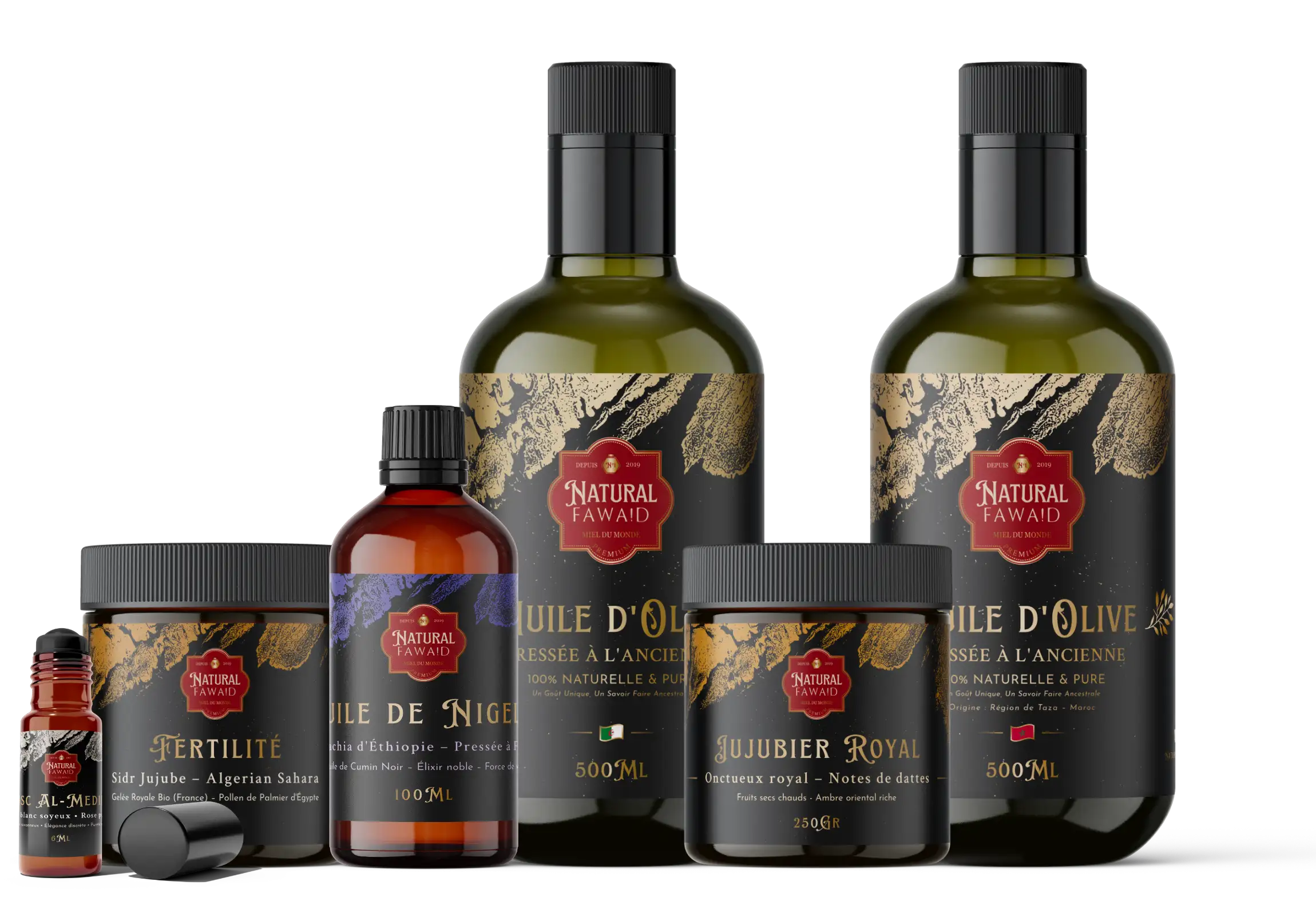 Gamme de produits Natural Fawaid comprenant huiles d’olive artisanales, huile de nigelle, parfums naturels et soins au jujubier, présentés ensemble sur fond clair.