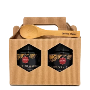 Coffret Khawa Khawa avec deux miels de jujubier Maroc et Sahara algérien, cuillère en bambou gravée.