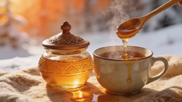Miel naturel versé dans une tisane chaude pour soulager la gorge et la toux pendant la grippe