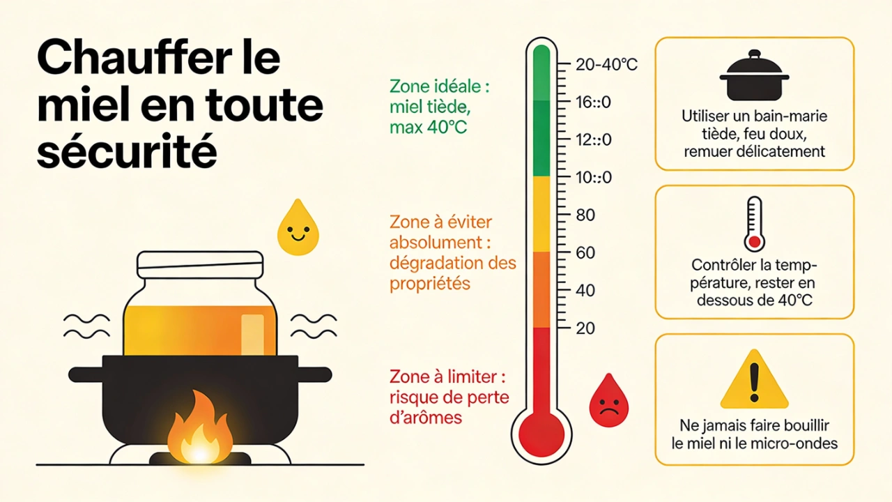 Infographie montrant la température idéale pour chauffer le miel à 40°C maximum avec méthode bain-marie tiède et zones de température à éviter absolument