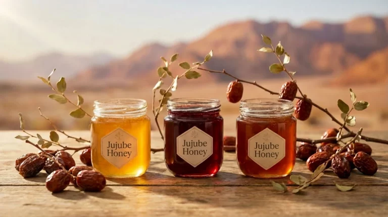 Trois pots de miel de jujubier Sidr artisanal aux nuances dorées et ambrées avec branches de jujubier et fruits séchés
