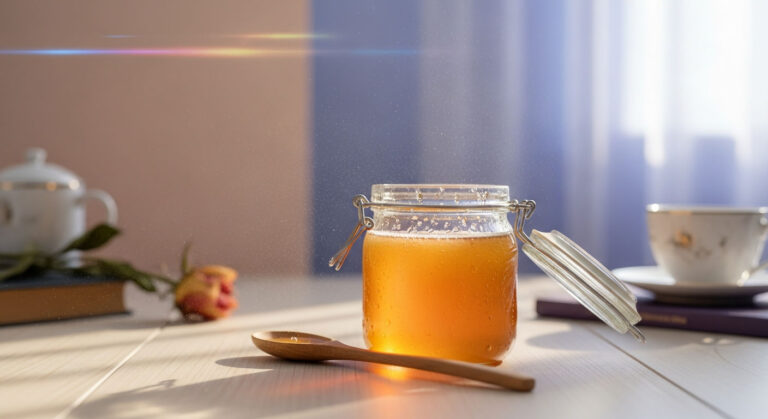 Pot de miel ouvert montrant la surface qui capte l'humidité de l'air ambiant