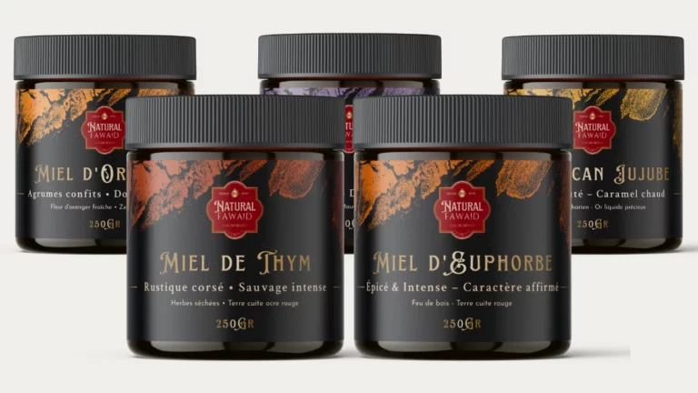 Pots de miels marocains Natural Fawaid : oranger, thym, euphorbe et jujubier, présentés en collection
