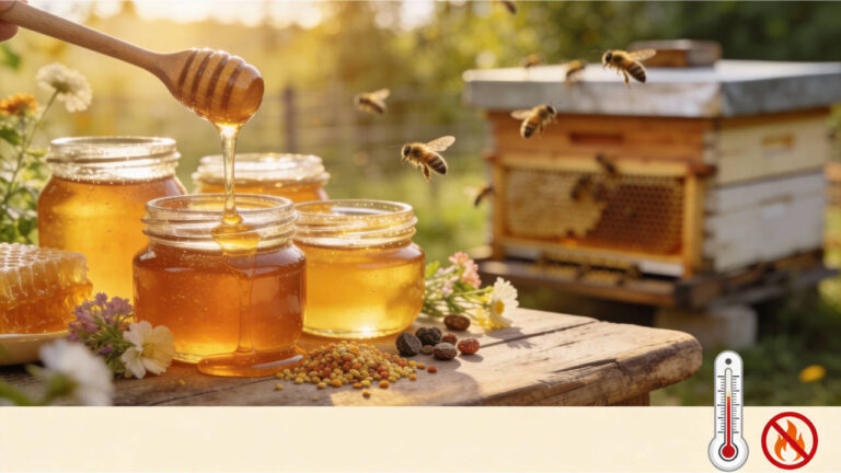 Pots de miel naturel avec louche à miel et thermomètre montrant la température maximale 40°C, abeilles et ruches en arrière-plan, symbole interdiction chaleur excessive