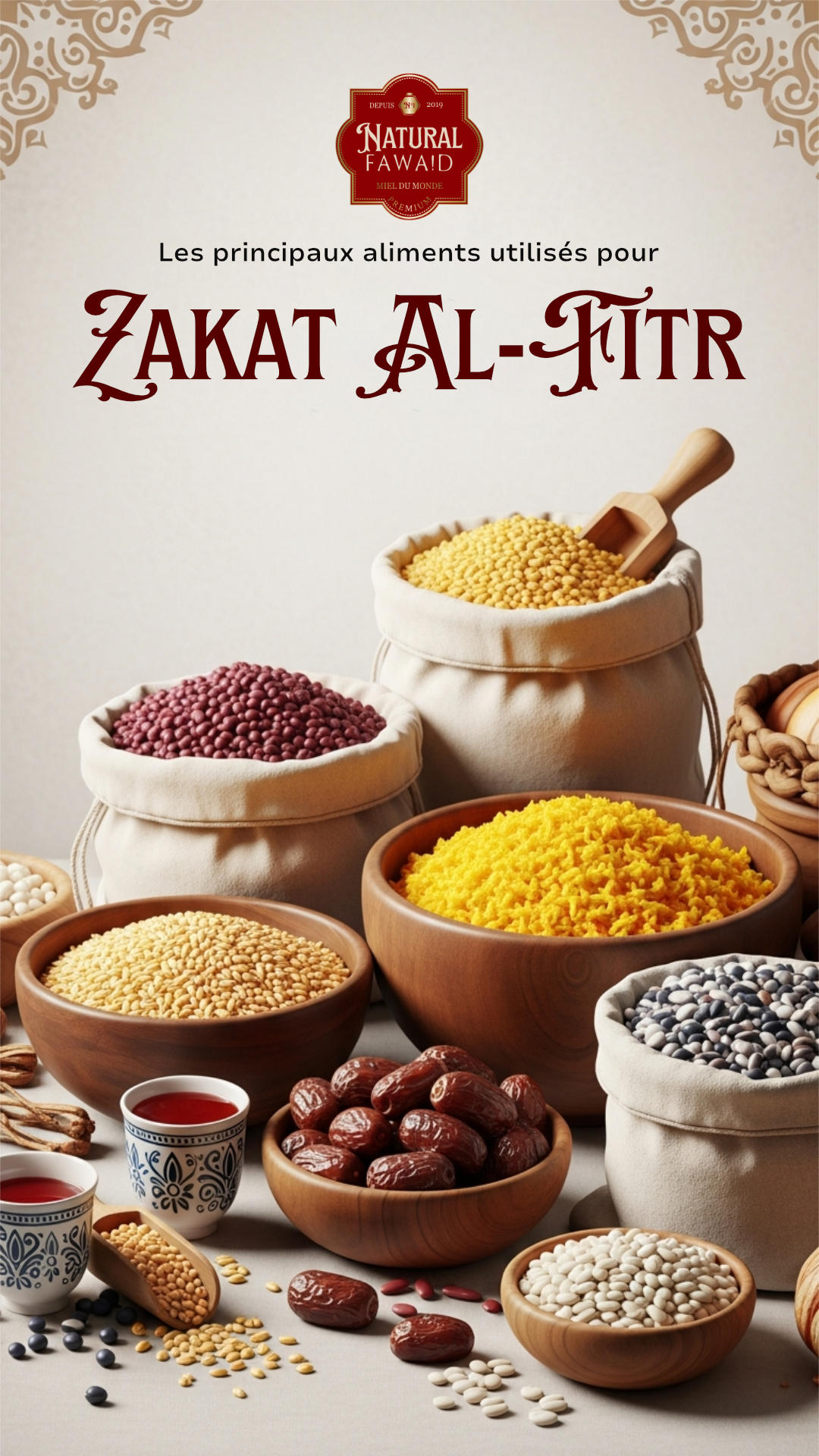 Mains tenant du riz blanc en forme de cœur symbolisant la Zakat al-Fitr — mesures et quantités par personne