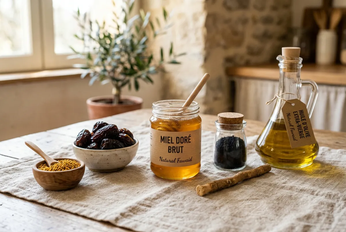 Six produits de la tradition prophétique disposés sur bois : miel brut, dattes Ajwa, pollen d'abeille, graines de nigelle, bâton de siwak et huile d'olive extra-vierge