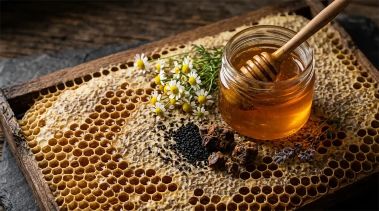 Rayon de cire d'abeille, miel brut et graines de nigelle noire sur fond sombre — quiz interactif Natural Fawaid
