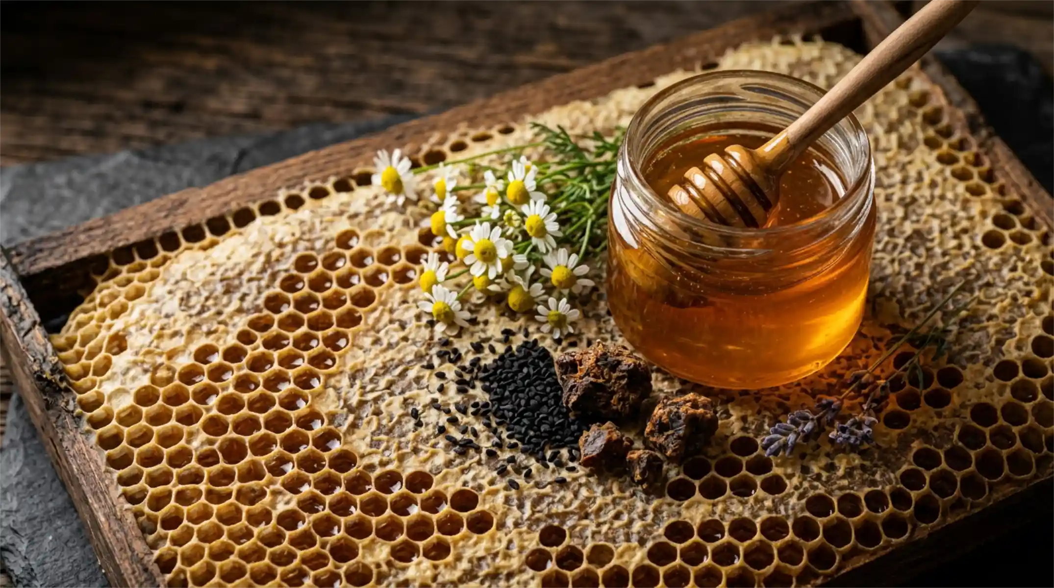 Rayon de cire d'abeille, miel brut et graines de nigelle noire sur fond sombre — quiz interactif Natural Fawaid