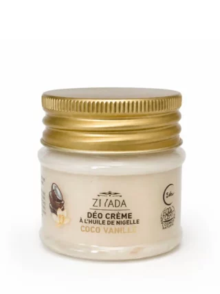 deo-creme-nigelle-coco-vanille-50g Pot de déodorant crème à l'huile de nigelle parfum coco vanille, 50 g, sur fond ivoire