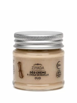 deo-creme-nigelle-oud-50g Pot de déodorant crème à l'huile de nigelle parfum oud, 50 g, sur fond ivoire