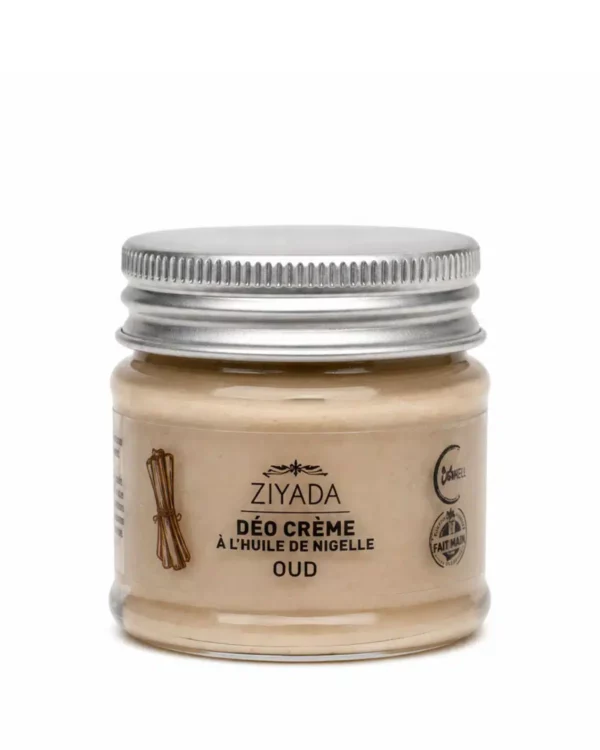 deo-creme-nigelle-oud-50g Pot de déodorant crème à l'huile de nigelle parfum oud, 50 g, sur fond ivoire