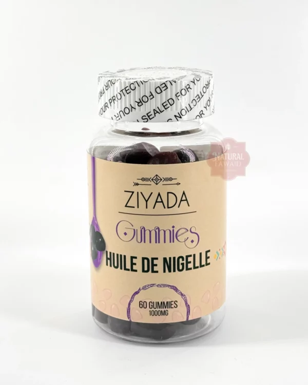 gummies-huile-nigelle-ziyada-x60 Flacon de 60 gummies à l'huile de nigelle Ziyada posé sur fond ivoire