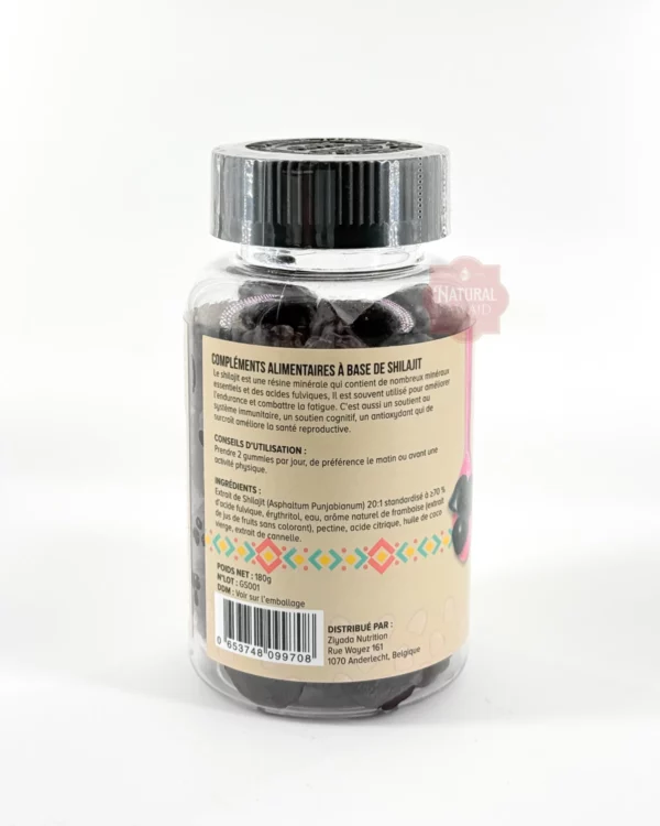 gummies-shilajit-resine-himalaya Gummies au shilajit à côté d'un fragment de résine noire posé sur une pierre