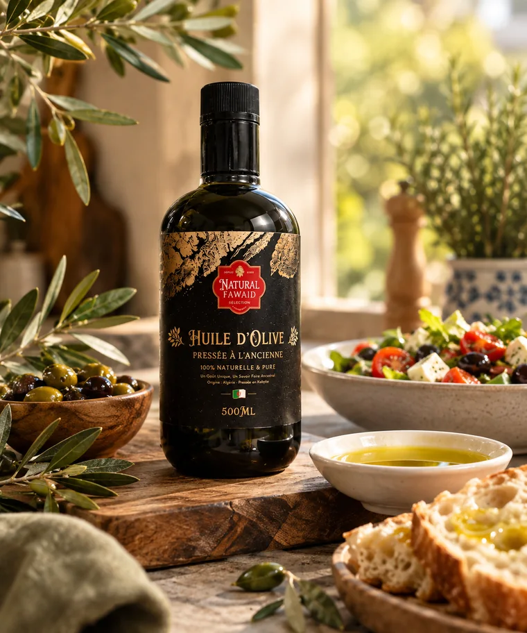 Bouteille d'huile d'olive Natural Fawaid de 500 ml, pressée en Kabylie, sur une planche en bois entre olives, rameaux d'olivier, salade et pain trempé dans l'huile