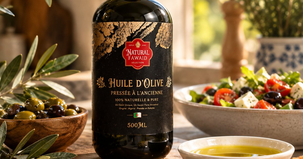 Bouteille d'huile d'olive Natural Fawaid pressée en Kabylie, entre un bol d'olives, une salade et une coupelle d'huile
