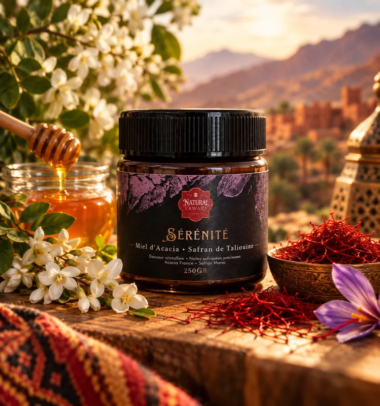 Pot de Miel Sérénité Natural Fawaid, miel d'acacia et safran de Taliouine, posé près de filaments de safran et d'une fleur de crocus, devant un paysage de montagnes et une kasbah