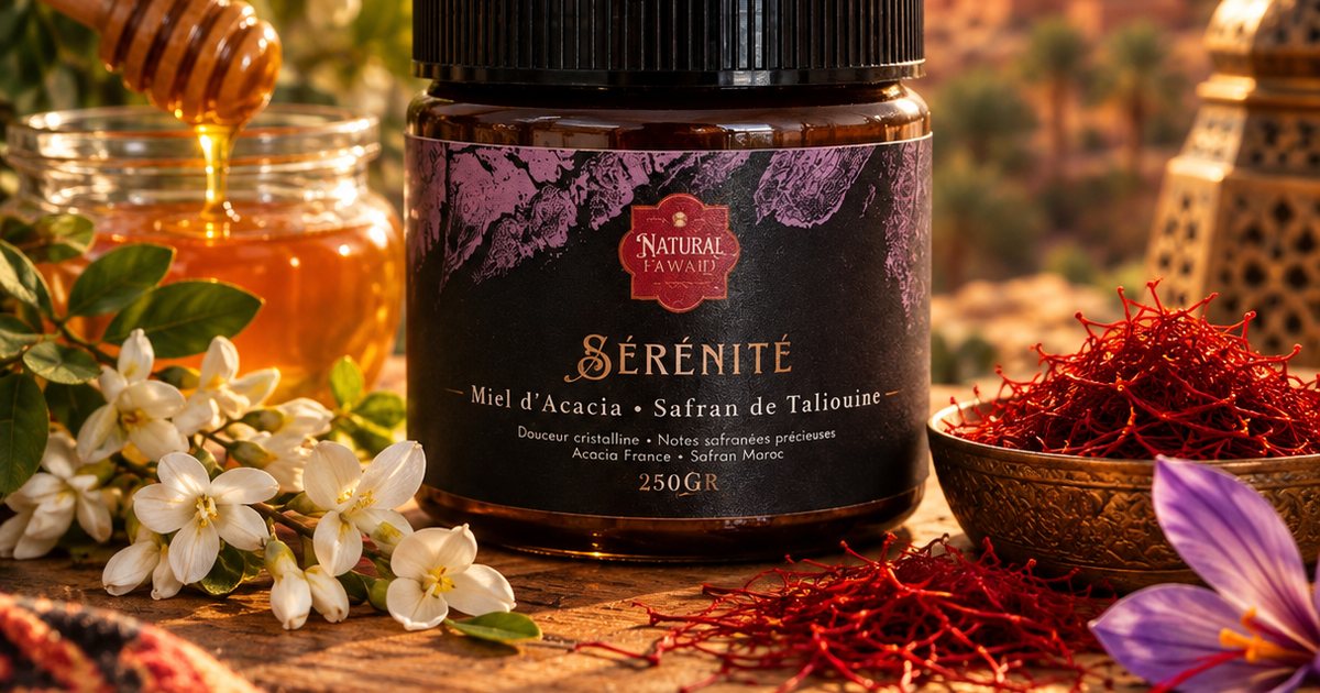 Pot de Miel Sérénité Natural Fawaid, miel d'acacia et safran de Taliouine, entre fleurs blanches, safran et crocus