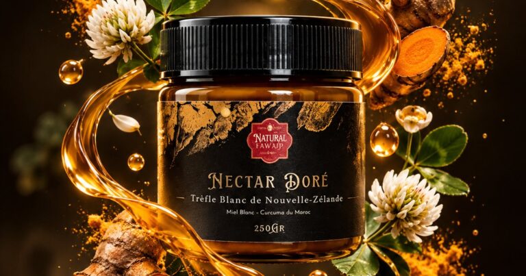 Pot de Nectar Doré Natural Fawaid, miel de trèfle blanc et curcuma, entre fleurs de trèfle et racines de curcuma