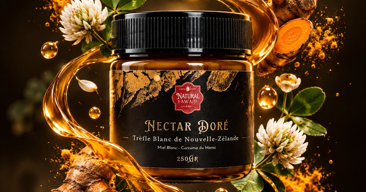 Pot de Nectar Doré Natural Fawaid, miel de trèfle blanc et curcuma, entre fleurs de trèfle et racines de curcuma