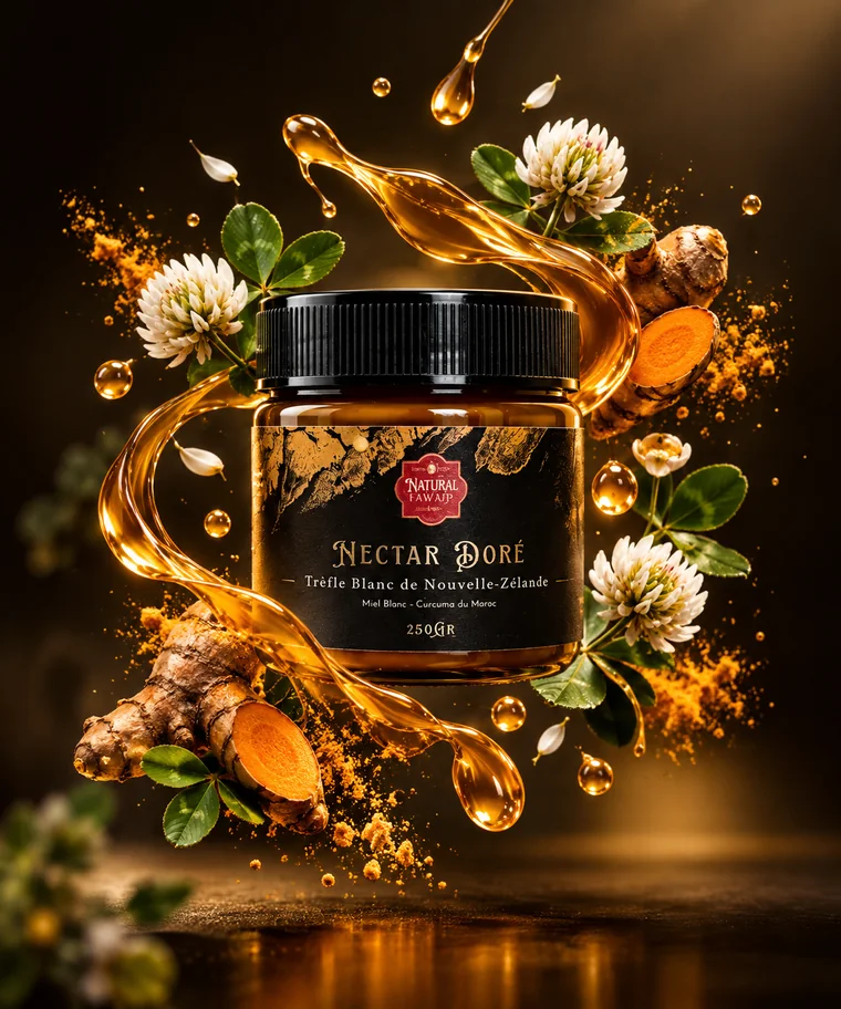 Pot de Nectar Doré Natural Fawaid, miel de trèfle blanc et curcuma, entouré de fleurs de trèfle, de racines de curcuma et d'un ruban de miel ambré